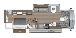 RV interior layout: king bed suite with wardrobe and shower on left, living area with 93” power reclining sofa and fireplace, kitchen galley toward center, dinette and OHC storage toward right, driver cockpit at far right.
